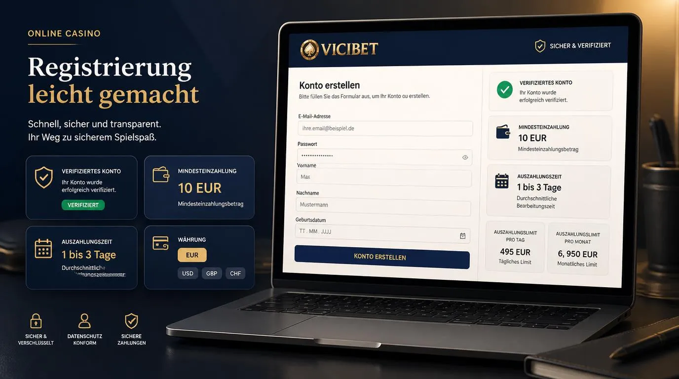 Registrierungsformular mit Kontowährung, Mindesteinzahlung und Auszahlungsgrenzen für deutsche Casinospieler