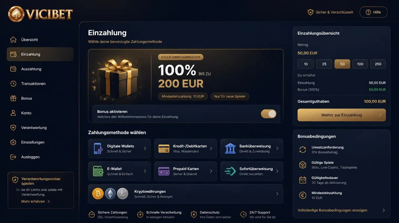 Casino-Kassenansicht mit Willkommensbonus, Einzahlung und Auswahl verschiedener Zahlungsmethoden