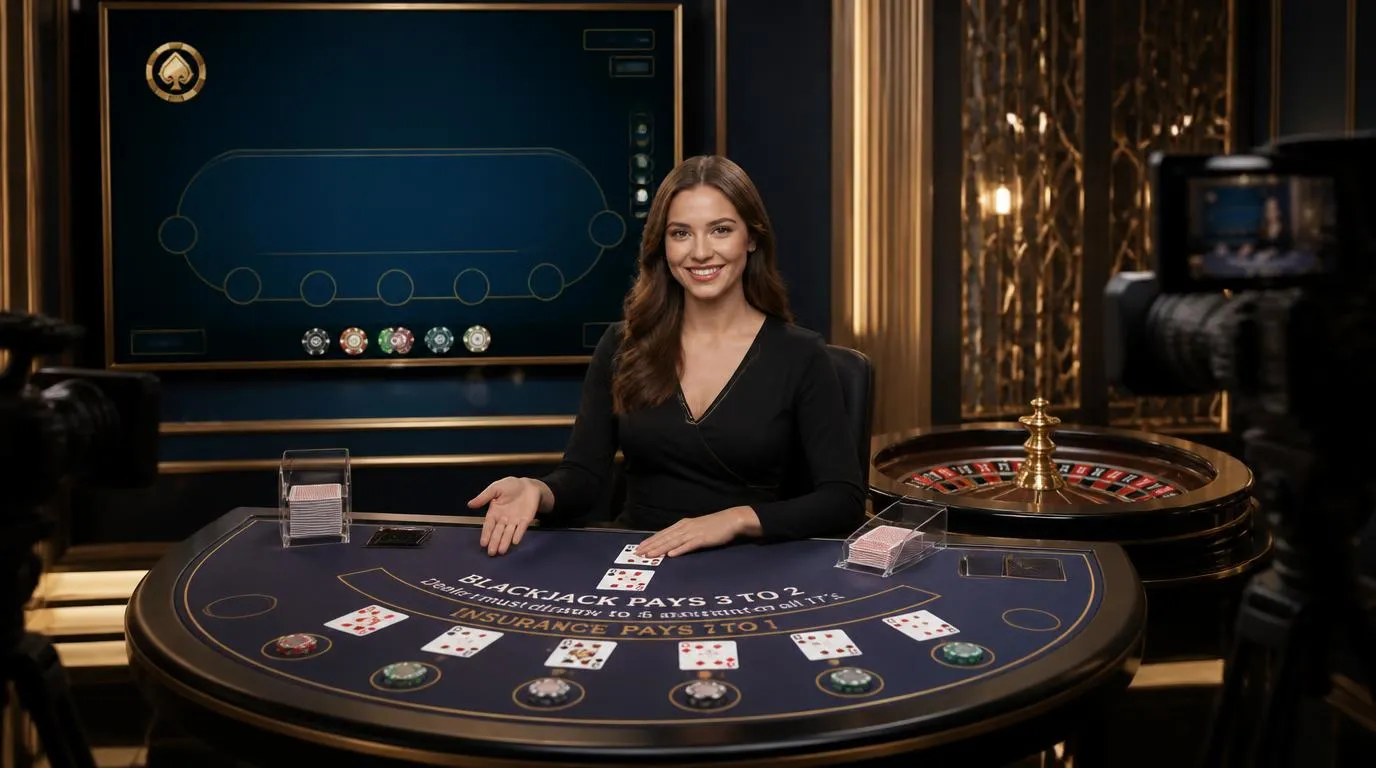 Live-Casino-Studio mit Roulettekessel, Blackjacktisch, professionellem Dealer und HD-Spieloberfläche