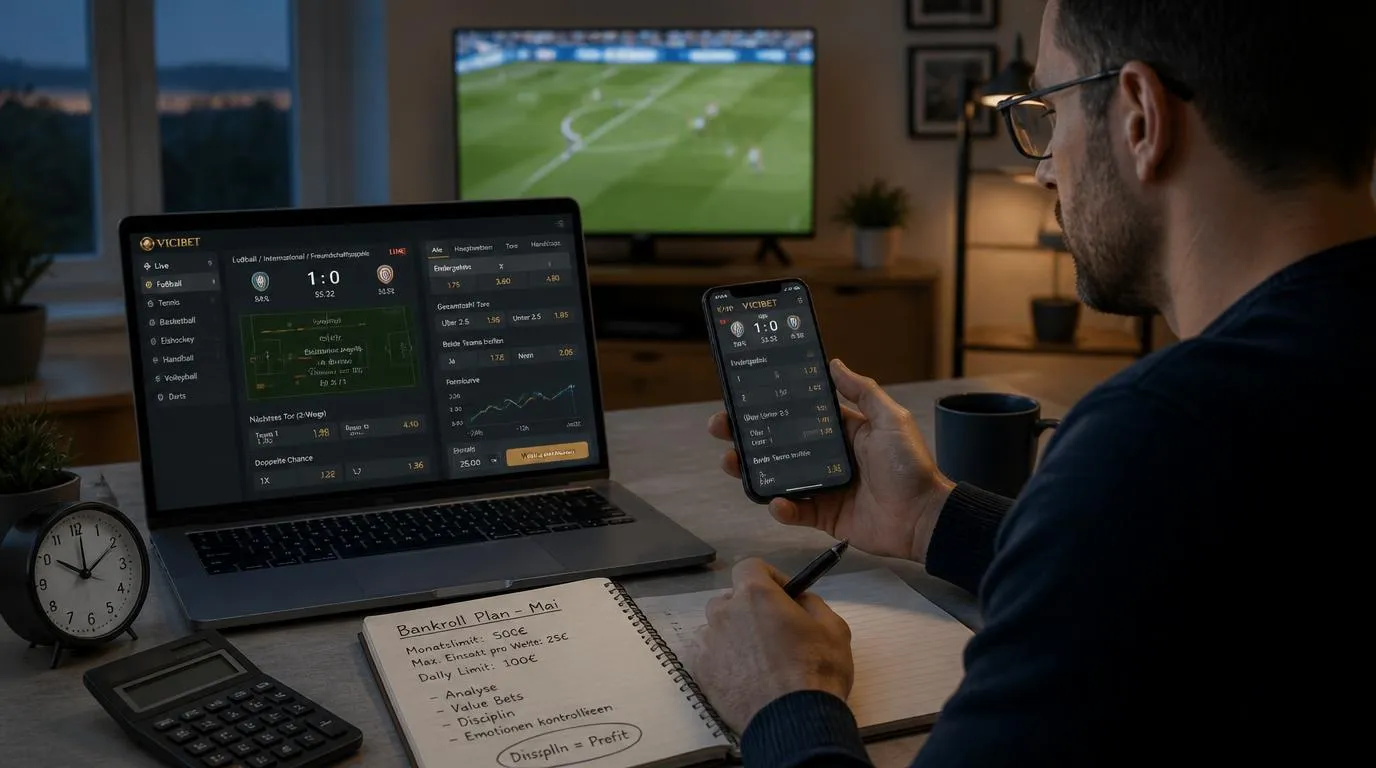 Wettender vergleicht Live-Quoten und Einsatzbudget auf Laptop und Smartphone
