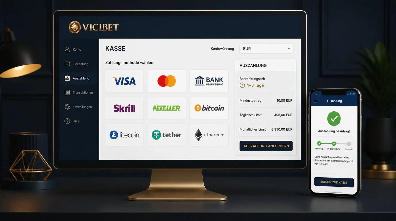 Digitale Casino-Kasse mit Euro-Auswahl, Karte, E-Wallet, Banküberweisung und Kryptowährungen