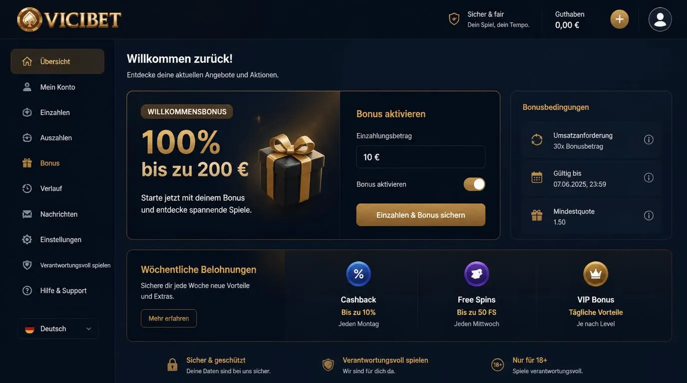 Casino-Bonusseite im Nutzerkonto mit aktivierter Willkommensaktion und Einzahlungsfeld