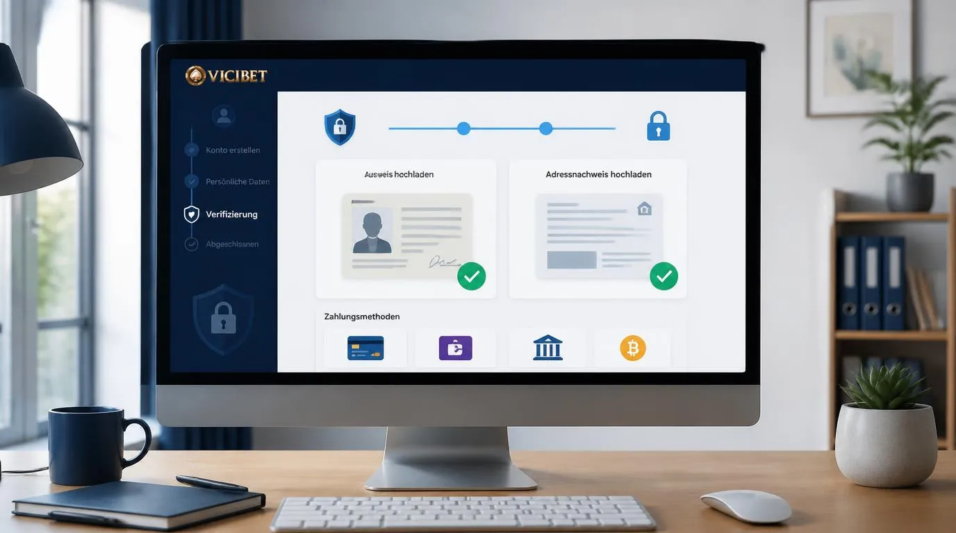 Spieler lädt Ausweis und Versorgerrechnung in ein sicheres Kontoformular zur KYC-Prüfung hoch