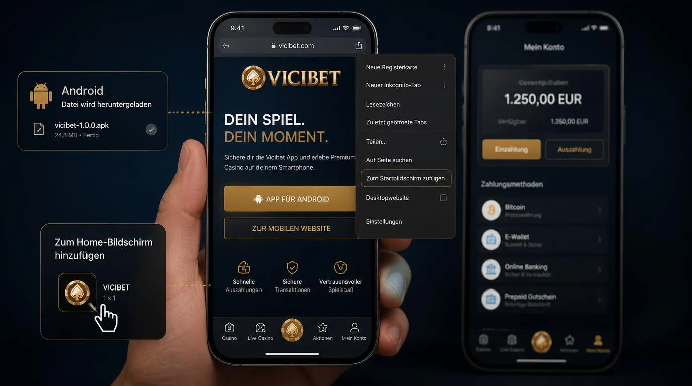 Smartphone mit Casino-App-Download, Zahlungsoptionen und Home-Bildschirm-Verknüpfung