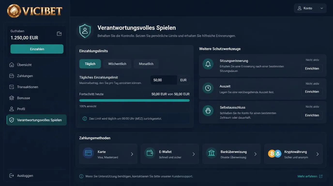 Kontoansicht mit täglichem Einzahlungslimit, Budgetanzeige und Optionen für Auszeit und Selbstausschluss