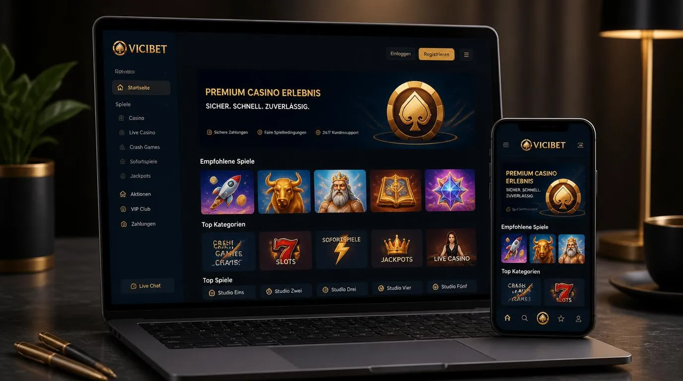 Moderne Casino-Plattform auf Laptop und Smartphone mit klarer Spielauswahl und stabiler Benutzeroberfläche