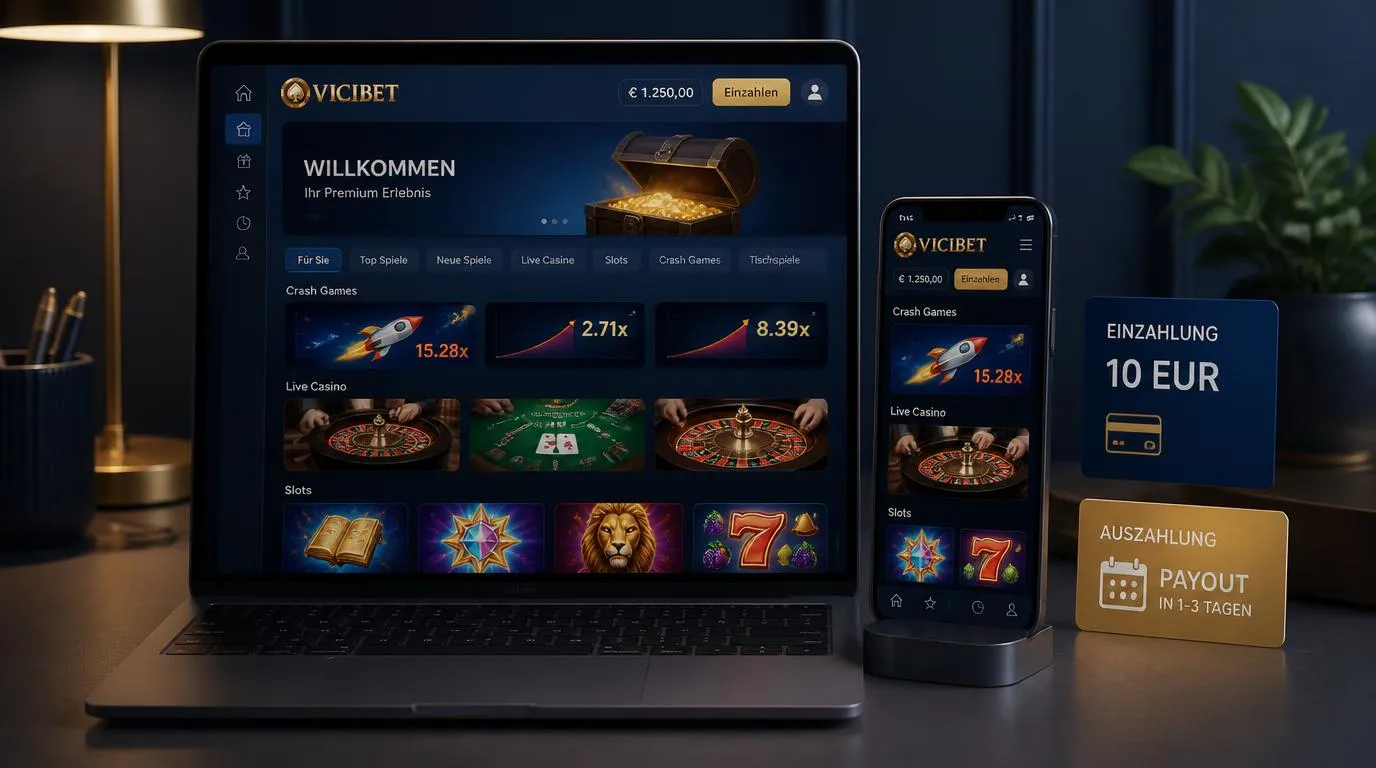 Casino-Spieloberfläche mit Spielauswahl, 10-Euro-Einzahlung und übersichtlicher Auszahlung innerhalb weniger Tage